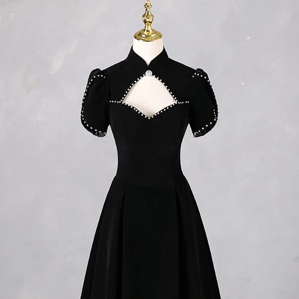Elegant Black Rhinestone Prom Dresses 2024 A-Line / Princess High Neck Short Sleeve Backless Floor-Length / Long Prom Formal Dresses