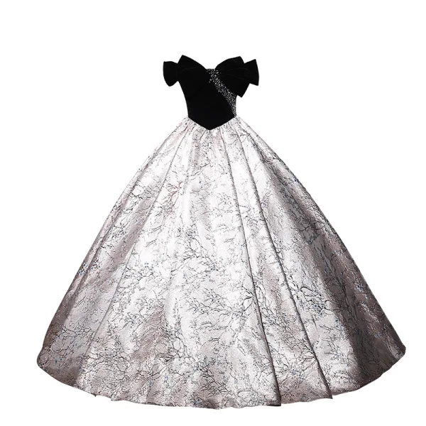 Élégant Noire Daim Robe De Bal 2023 Robe Boule Longue Noeud De l'épaule Faux Diamant Manches Courtes Dos Nu Promo Robe De Ceremonie