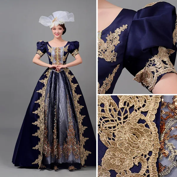 Medieval Vintage / Retro Navy Blue Beading Lace Flower Sequins Prom Dresses 2022 Ball Gown U-Neck Puffy Short Sleeve Floor-Length / Long Formal Dresses