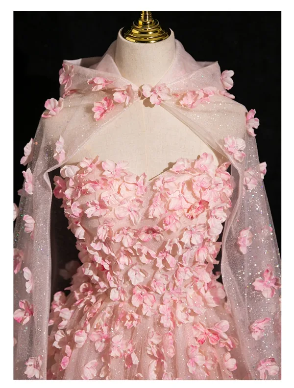 Flower Fairy Blushing Pink Appliques With Cloak Short Prom Dresses 2024 A-Line / Princess Strapless Sleeveless Backless Prom Formal Dresses