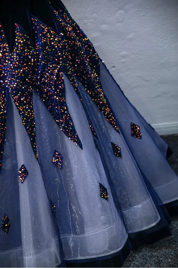 Elegant Navy Blue Sequins Prom Dresses 2025 Ball Gown V-Neck Short Sleeve Backless Floor-Length / Long Prom Formal Dresses