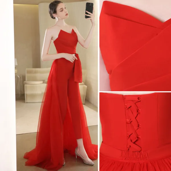 Inhabituel Rouge Combinaison Robe De Soirée 2022 Bustier Sans Manches Dos Nu Train De Balayage Soirée