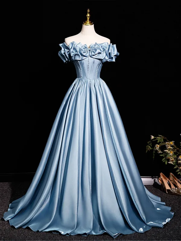 Elegant Mint Green Satin Prom Dresses 2025 Ball Gown Off-The-Shoulder Short Sleeve Backless Floor-Length / Long Prom Formal Dresses