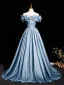 Elegant Mint Green Satin Prom Dresses 2025 Ball Gown Off-The-Shoulder Short Sleeve Backless Floor-Length / Long Prom Formal Dresses