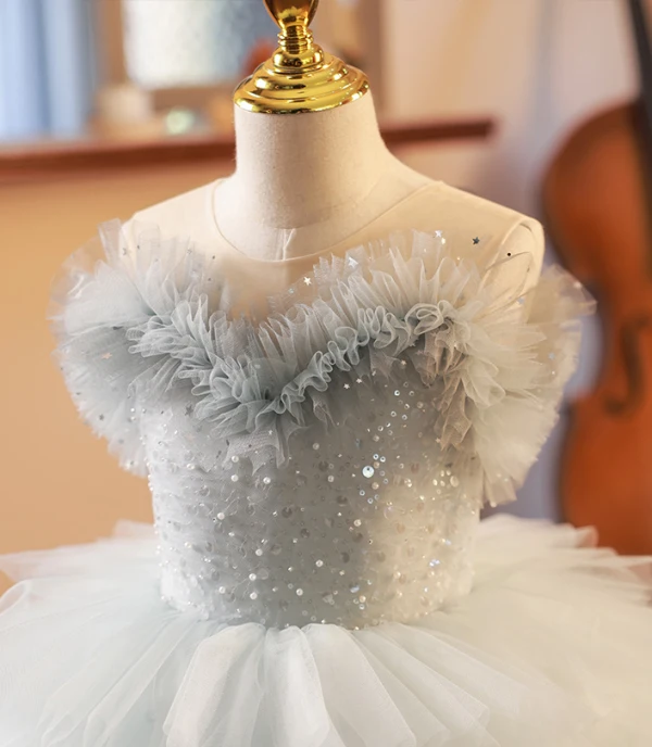 Charmant Bleu Ciel Perlage Perle Paillettes Volants en Cascade Anniversaire Robe Ceremonie Fille 2024 Robe Boule Encolure Dégagée Sans Manches Dos Nu Tribunal Train