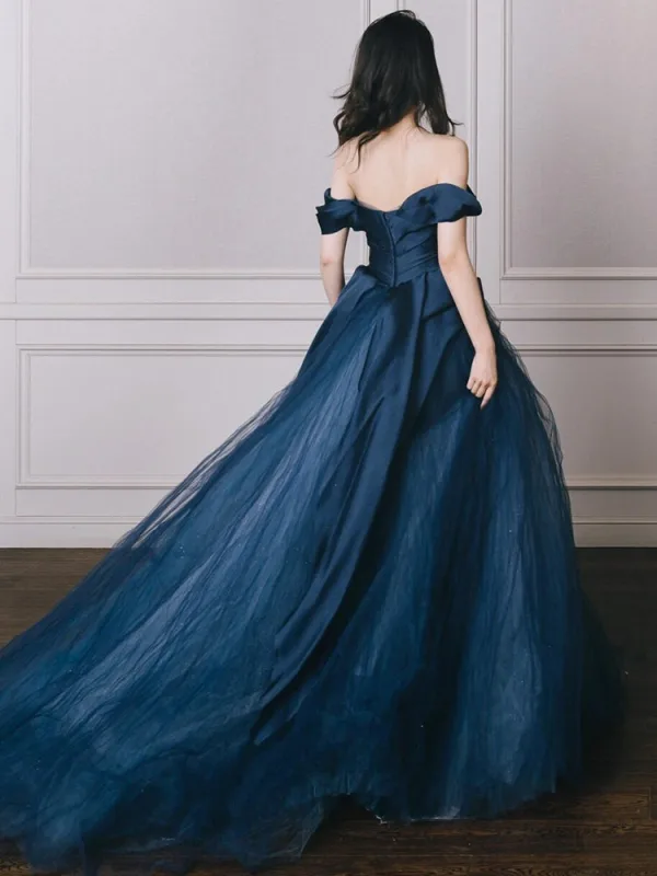 Elegant Ocean Blue Ball Gown Prom Dresses 2026 Off-The-Shoulder Sleeveless Backless Sweep Train Formal Dresses