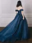 Elegant Ocean Blue Ball Gown Prom Dresses 2026 Off-The-Shoulder Sleeveless Backless Sweep Train Formal Dresses
