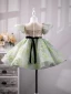 Chic / Beautiful Sage Green Pearl Flower Rhinestone Appliques Short Birthday Flower Girl Dresses 2023 Ball Gown Scoop Neck Puffy Short Sleeve Sash Bow