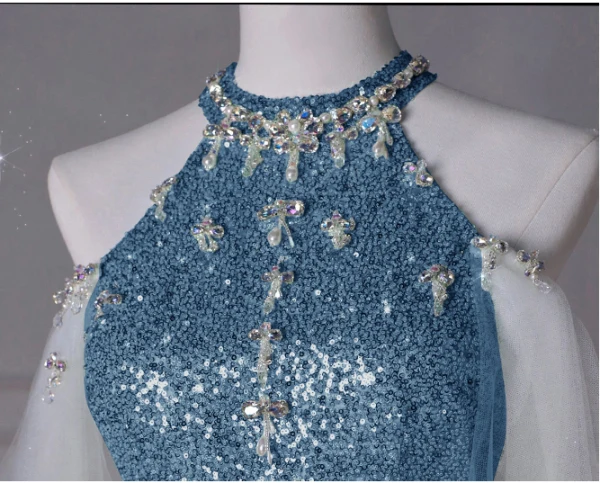 Glitzernden Blau Perlenstickerei Perle Strass Pailletten Abendkleider 2024 Meerjungfrau Stehkragen Ärmellos Sweep / Pinsel Zug Festliche Kleider