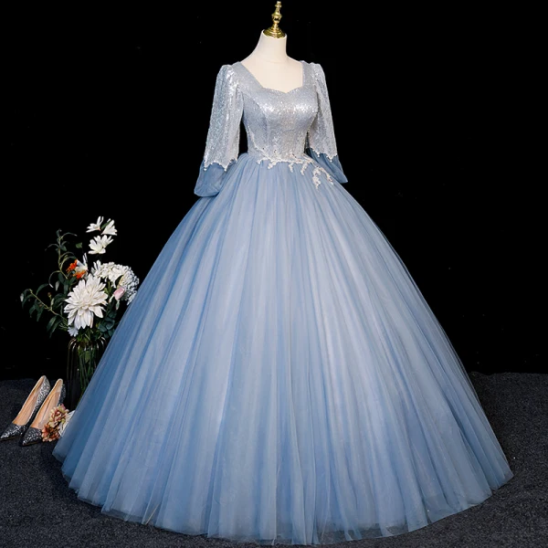 Élégant Bleu Ciel Paillettes Robe De Bal 2023 Robe Boule Encolure Carrée 1/2 Manches Dos Nu Longue Promo Robe De Ceremonie