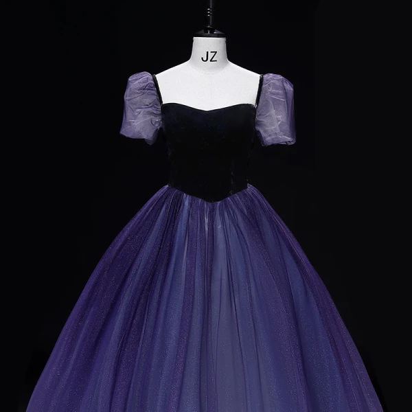 Vintage / Retro Purple Prom Dresses 2022 Ball Gown Square Neckline Puffy Short Sleeve Backless Floor-Length / Long Prom Formal Dresses