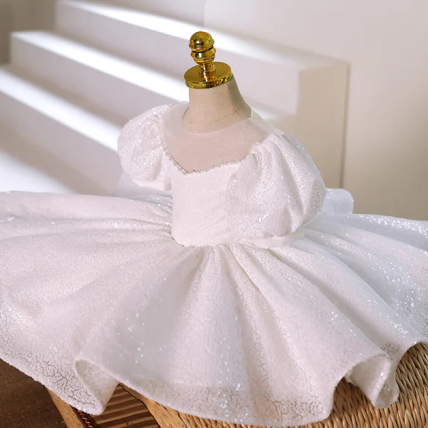 Sparkly Ivory Sequins Pearl Birthday Flower Girl Dresses 2022 Trumpet / Mermaid Scoop Neck Puffy Short Sleeve Bow Short Flower Girl Dresses