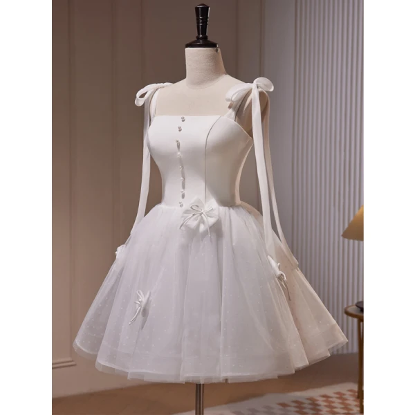 Schön Weiß Schleife Perle Brautkleid Kurz 2023 Spaghettiträger Ärmellos Rückenfreies Kurze Brautkleider / Hochzeitskleider