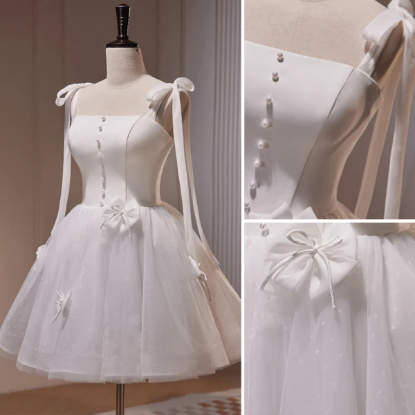 Schön Weiß Schleife Perle Brautkleid Kurz 2023 Spaghettiträger Ärmellos Rückenfreies Kurze Brautkleider / Hochzeitskleider