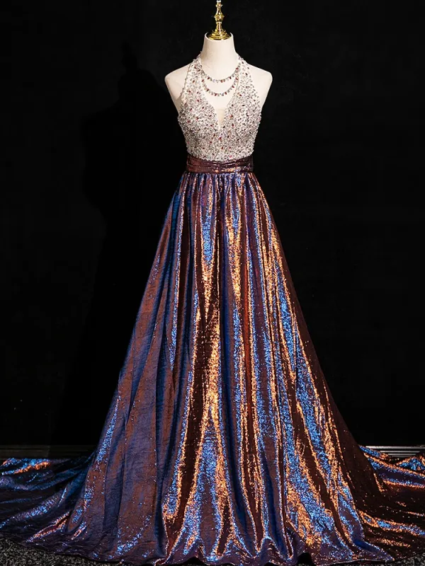 Charming Coffee Glitter Rhinestone Sequins Prom Dresses 2024 Ball Gown Halter Sleeveless Backless Floor-Length / Long Prom Formal Dresses