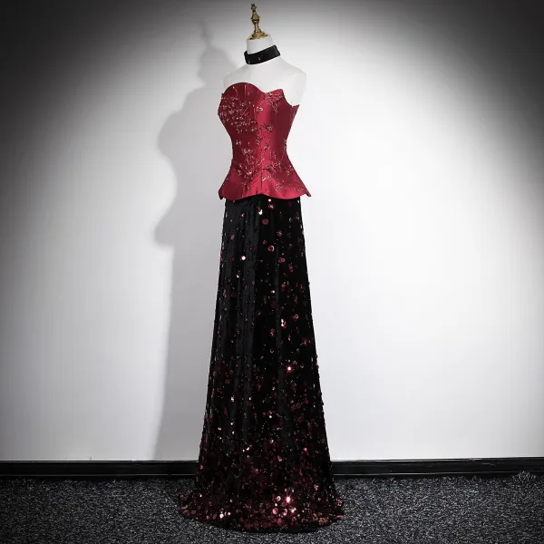 High-end Chinese style Burgundy Sequins Formal Dresses 2026 A-Line / Princess Strapless Sleeveless Backless Floor-Length / Long Evening Party Evening Dresses