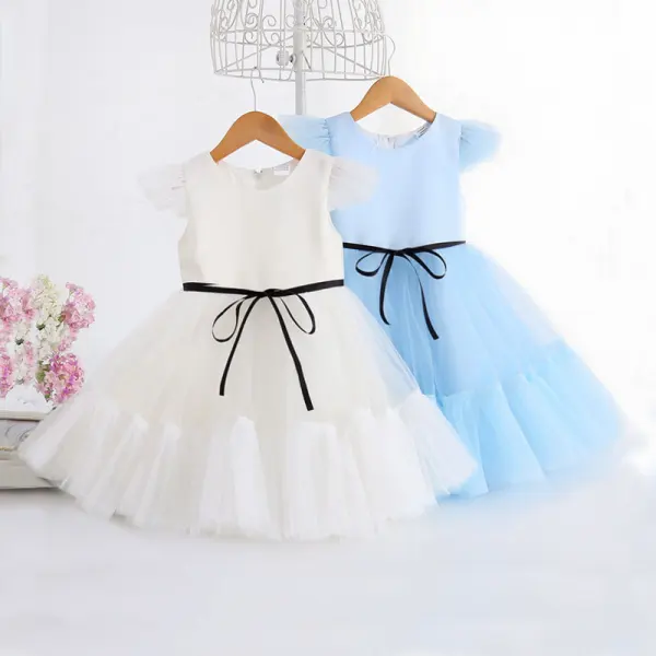 Modest / Simple Sky Blue Birthday Flower Girl Dresses 2023 A-Line / Princess Scoop Neck Sleeveless Bow Sash Floor-Length / Long Flower Girl Dresses