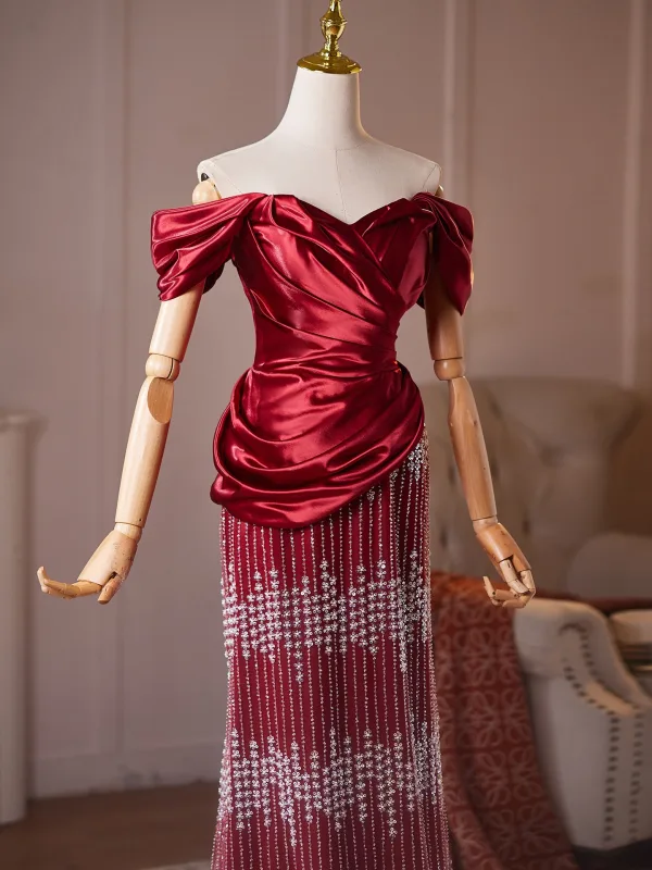 Charming Burgundy Beading Tassel Prom Dresses 2026 Trumpet / Mermaid Off-The-Shoulder Short Sleeve Floor-Length / Long Formal Dresses