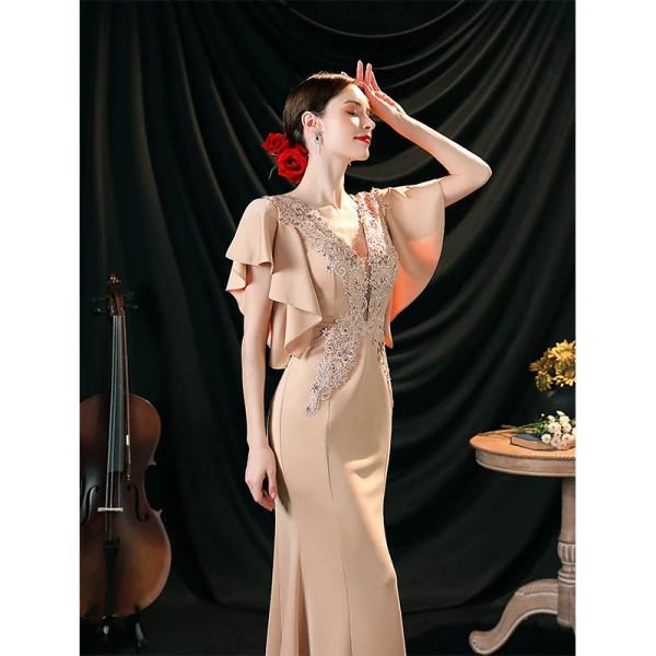 Charmant Nues En Dentelle Fleur Robe De Soirée 2022 Satin Trompette / Sirène V-Cou Perlage Faux Diamant Paillettes Manches Courtes Dos Nu Longue Soirée Robe De Ceremonie
