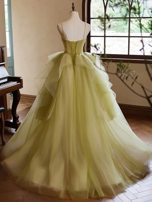 Schöne Salbeigrün Rüschen Ballkleider 2024 Ballkleid Spaghettiträger Ärmellos Rückenfreies Sweep / Pinsel Zug Ball Festliche Kleider