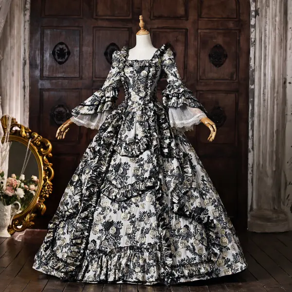 Vintage / Retro Medieval Black Printing Rhinestone Halloween Prom Dresses 2026 Ball Gown Square Neckline Bell sleeves Floor-Length / Long Formal Dresses