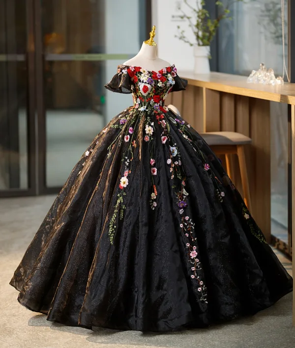 Flower Fairy Black Appliques Lace Flower Glitter Prom Dresses 2023 Off-The-Shoulder Short Sleeve Backless Floor-Length / Long Formal Dresses