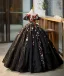 Flower Fairy Black Appliques Lace Flower Glitter Prom Dresses 2023 Off-The-Shoulder Short Sleeve Backless Floor-Length / Long Formal Dresses