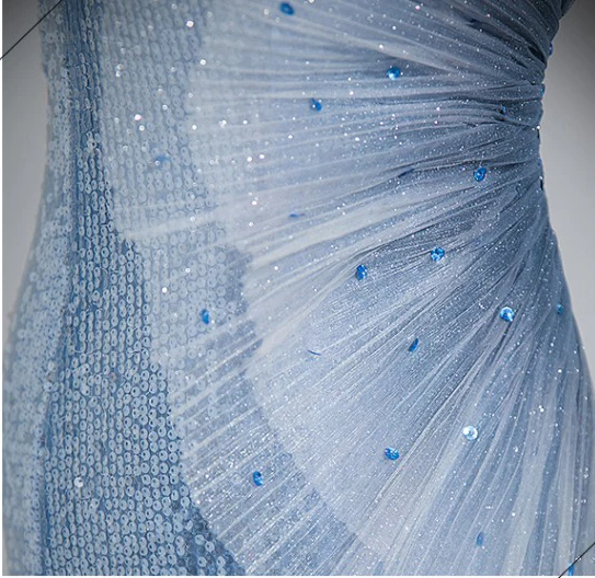 Sexy Bleu Ciel Paillettes Robe De Soirée 2023 Trompette / Sirène Bustier Sans Manches Dos Nu Train De Balayage Soirée Robe De Ceremonie