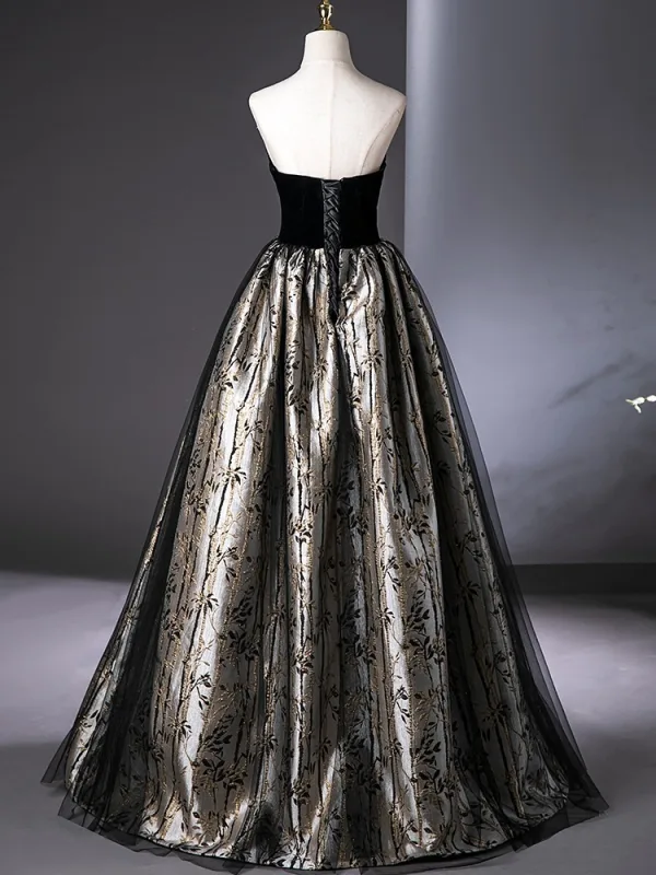 Elegant Black Lace Flower Prom Dresses 2024 Ball Gown Strapless Sleeveless Backless Floor-Length / Long Prom Formal Dresses