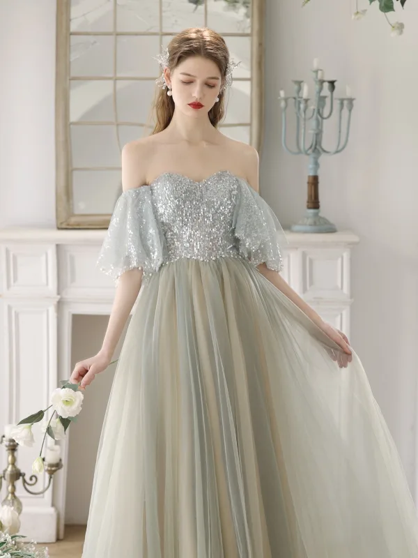 Charming Sage Green Sequins Prom Dresses 2024 A-Line / Princess Off-The-Shoulder Short Sleeve Backless Floor-Length / Long Prom Formal Dresses