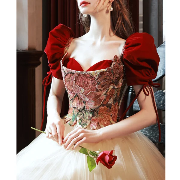 Elegant Burgundy Prom Dresses 2022 A-Line / Princess Square Neckline Beading Puffy Short Sleeve Backless Bow Floor-Length / Long Prom Formal Dresses