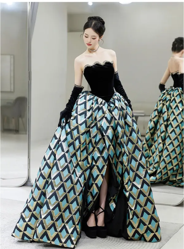 Fashion Black Geometric Asymmetrical Prom Dresses 2025 Ball Gown Strapless Sleeveless Backless Formal Dresses