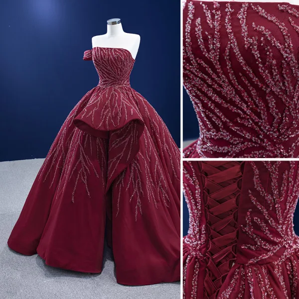 High End Burgunderrot Perlenstickerei Pailletten Ballkleider 2022 Ballkleid One-Shoulder Ärmellos Rückenfreies Sweep / Pinsel Zug Festliche Kleider