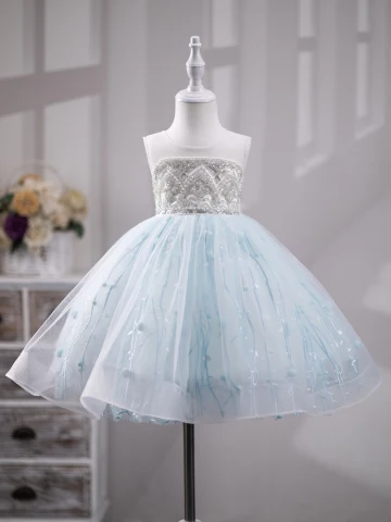 Charming Sky Blue Beading Pearl Sequins Birthday Flower Girl Dresses 2023 Ball Gown Scoop Neck Sleeveless Backless Floor Length Long