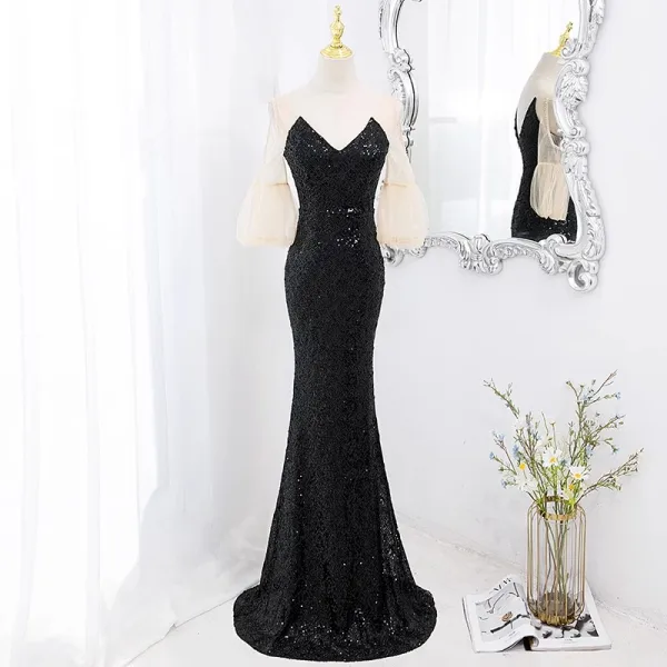 Sparkly White Sequins Evening Dresses 2023 Trumpet / Mermaid V-Neck Short Sleeve Backless Floor-Length / Long Evening Party Formal Dresses