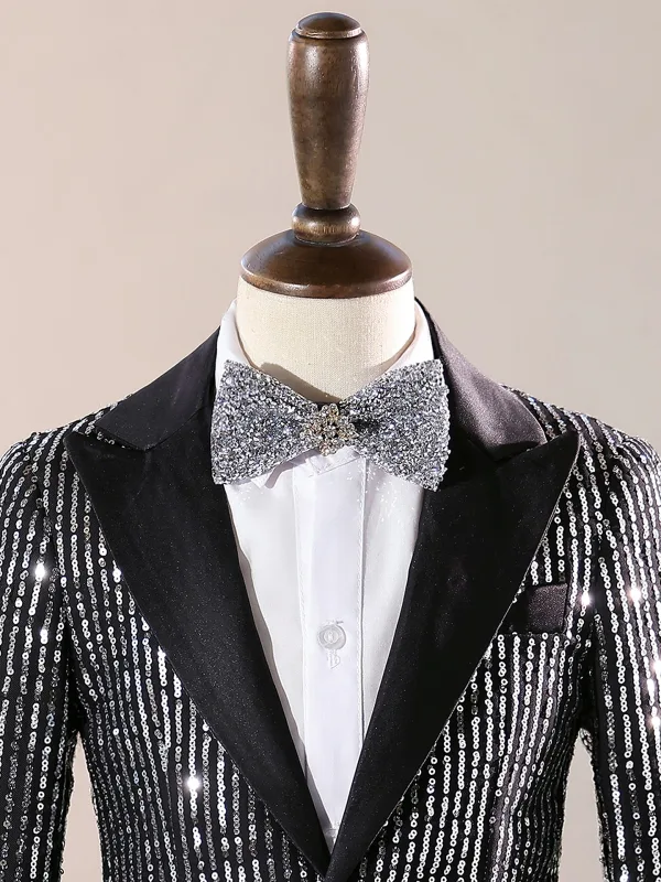 Bling Bling Noire Paillettes 4 pièces Costume Garçon Mariage 2025 Manches Longues Manteau Pantalon Chemise Cravate