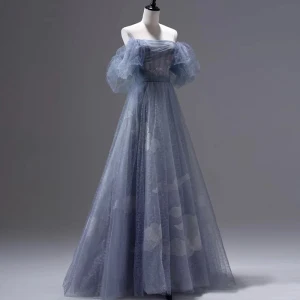 Sexy Ocean Blue Pearl Sequins Evening Dresses 2023 A Line Princess Sleeveless Backless Floor Length Long Tulle Off The Shoulder Evening Party Formal Dresses