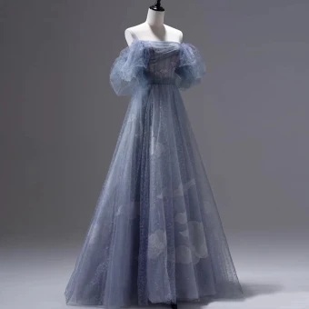 Sexy Ocean Blue Pearl Sequins Evening Dresses 2023 A Line Princess Sleeveless Backless Floor Length Long Tulle Off The Shoulder Evening Party Formal Dresses