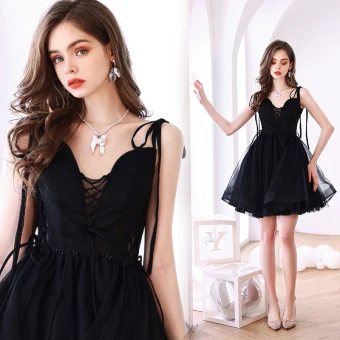 Sexy Noire Robe De Fete 2022 Princesse Bretelles Spaghetti Sans Manches Dos Nu Noeud Longue Cocktail Soirée Robe De Ceremonie