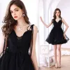 Sexy Black Party Dresses 2022 A-Line / Princess Spaghetti Straps Sleeveless Backless Bow Floor-Length / Long Cocktail Party Evening Party Formal Dresses