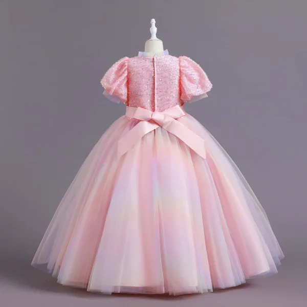 Chic / Belle Bleu Ciel Paillettes Anniversaire Robe Ceremonie Fille 2023 Robe Boule Col Haut Manches Courtes Noeud Longue Robe Ceremonie Fille