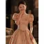 Chic / Beautiful Blushing Pink Beading Pearl Prom Dresses 2022 Ball Gown Square Neckline Puffy Short Sleeve Backless Floor-Length / Long Prom Formal Dresses