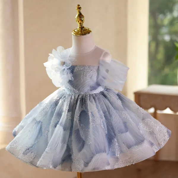 Chic / Beautiful Sky Blue Beading Pearl Sequins Birthday Flower Girl Dresses 2025 Ball Gown Scoop Neck Short Sleeve Floor-Length / Long
