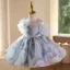 Chic / Beautiful Sky Blue Beading Pearl Sequins Birthday Flower Girl Dresses 2025 Ball Gown Scoop Neck Short Sleeve Floor-Length / Long