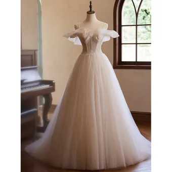 Chic Belle Champagne Perlage Perle En Dentelle Fleur Robe De Bal 2024 Princesse Bretelles Spaghetti Sans Manches Dos Nu Longue Promo Robe De Ceremonie