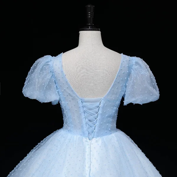 Chic / Beautiful Sky Blue Beading Pearl Sequins Lace Flower Prom Dresses 2023 Ball Gown Scoop Neck Short Sleeve Backless Floor-Length / Long Prom Formal Dresses