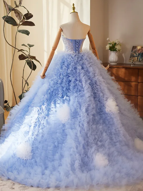 Charmant Bleu Ciel Volants en Cascade Perlage Paillettes Robe De Bal 2025 Robe Boule Bustier Sans Manches Dos Nu Train De Balayage Promo Robe De Ceremonie