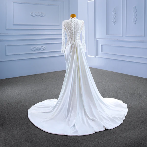 High-end Ivory Satin Wedding Dresses 2022 Trumpet / Mermaid High Neck Beading Pearl Sequins Long Sleeve Floor-Length / Long Wedding