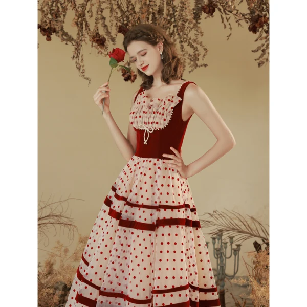 Chic / Beautiful Burgundy Spotted Prom Dresses 2022 A-Line / Princess Square Neckline Sleeveless Bow Pearl Backless Floor-Length / Long Prom Formal Dresses