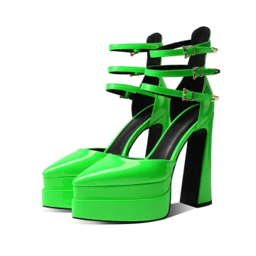Unusual Green Cocktail Party 14 Cm Thick Heels Womens Sandals 2022 Ankle Strap Pointed Toe Womens Shoes High Heels